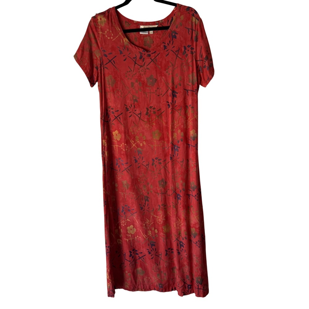 Norm Thompson Dress Vintage 90s Small Red Floral 100% Rayon Short Sleeve Maxi